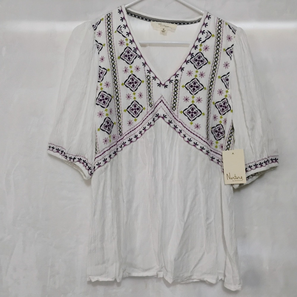 Nurture by Westbound Womens M White Embroidered V Neck Blouse Boho Rayon Top Y
